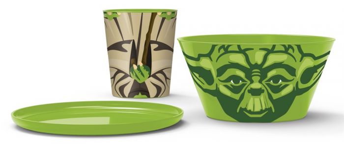 Star Wars Yoda servise - frokostsett i plast - tallerken, kopp og skål som kan stables til figur